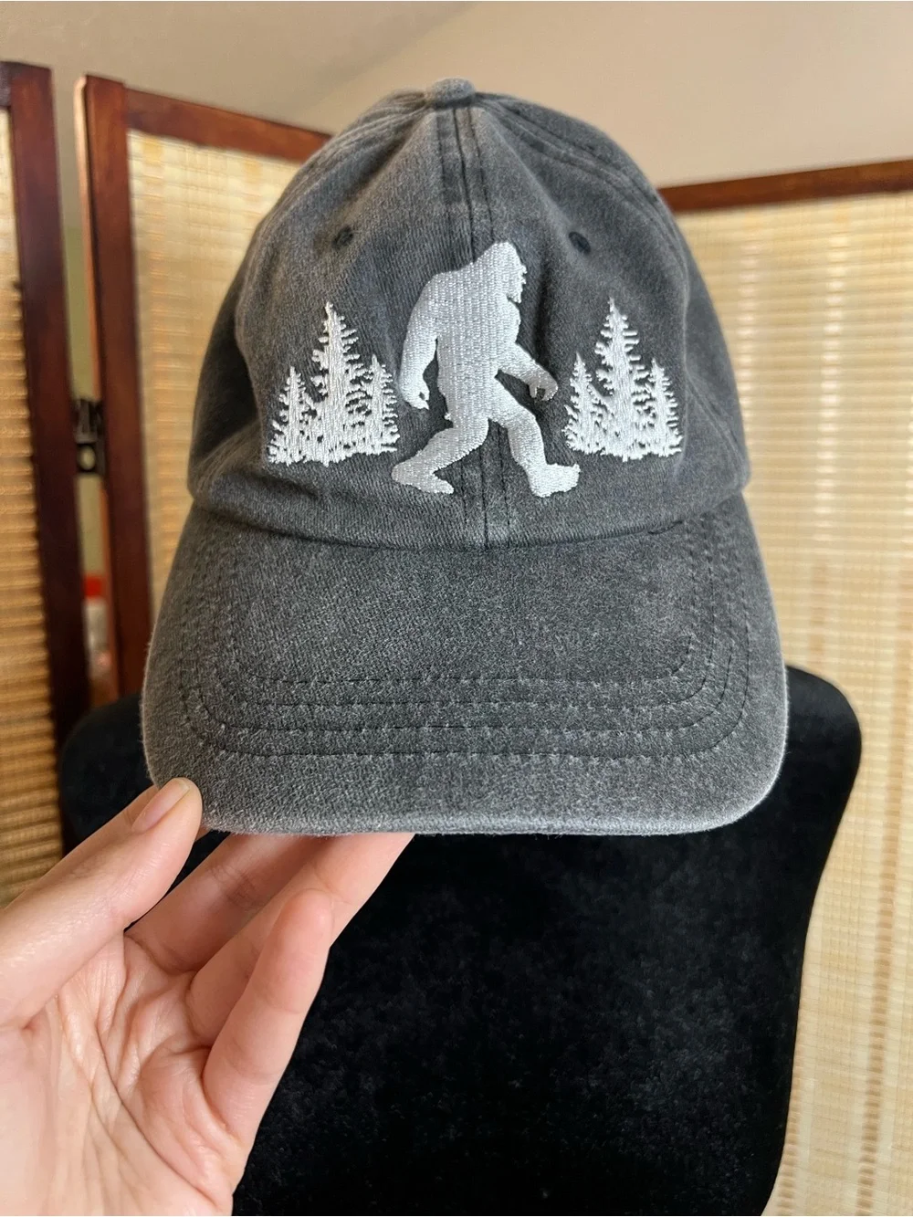 Bigfoot Embroidered Dad Hat Washed Charcoal Grey Sasquatch Pine Trees Cap